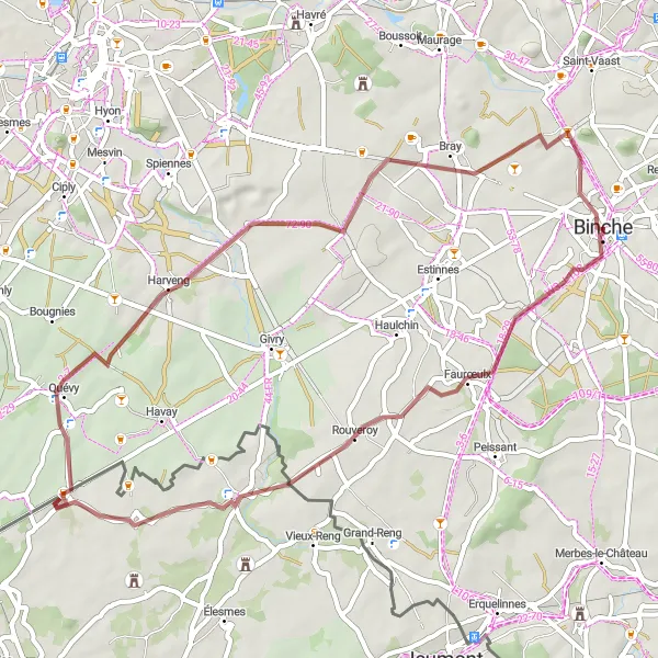 Map miniature of "Gravel Adventure around Binche" cycling inspiration in Prov. Hainaut, Belgium. Generated by Tarmacs.app cycling route planner