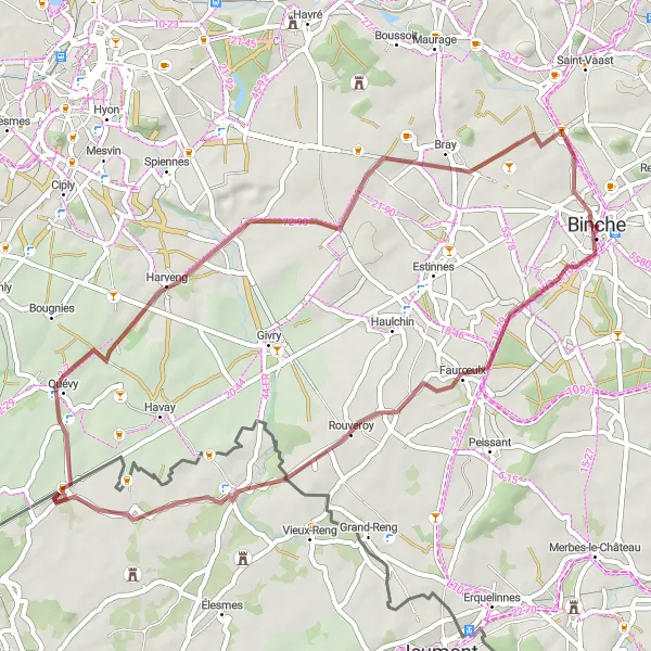 Miniatuurkaart van de fietsinspiratie "Binche - Mont de la Justice Gravelroute" in Prov. Hainaut, Belgium. Gemaakt door de Tarmacs.app fietsrouteplanner