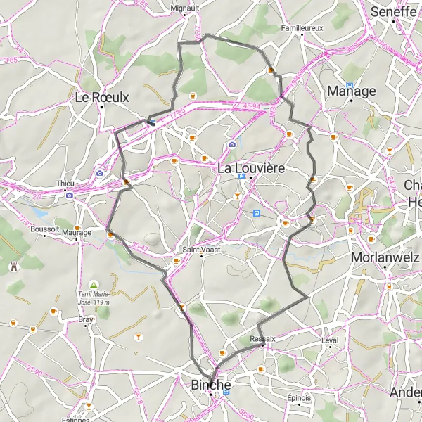 Map miniature of "Binche Loop" cycling inspiration in Prov. Hainaut, Belgium. Generated by Tarmacs.app cycling route planner