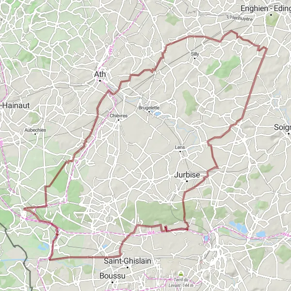 Map miniature of "Gravel Adventure to Ghislenghien" cycling inspiration in Prov. Hainaut, Belgium. Generated by Tarmacs.app cycling route planner