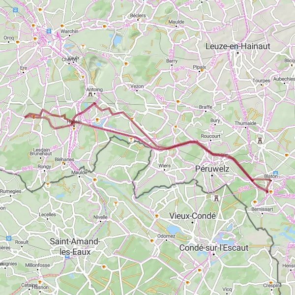 Map miniature of "Scenic Gravel Ride: Gourgues to Callenelle" cycling inspiration in Prov. Hainaut, Belgium. Generated by Tarmacs.app cycling route planner