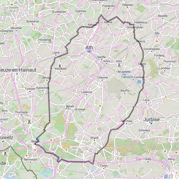 Miniatuurkaart van de fietsinspiratie "Ronde van Quevaucamps en omgeving" in Prov. Hainaut, Belgium. Gemaakt door de Tarmacs.app fietsrouteplanner