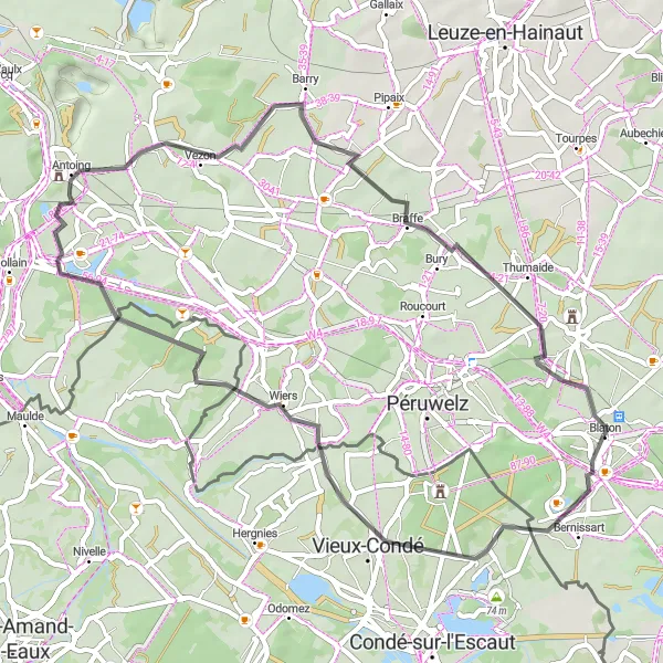 Karten-Miniaturansicht der Radinspiration "Rennradtour von Blaton nach Wiers und Braffe" in Prov. Hainaut, Belgium. Erstellt vom Tarmacs.app-Routenplaner für Radtouren