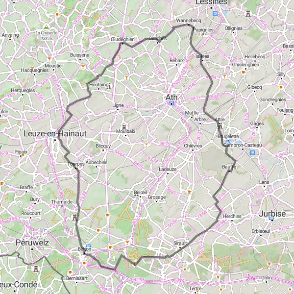 Map miniature of "Historic Road Cycling Tour: Tourpes to Harchies" cycling inspiration in Prov. Hainaut, Belgium. Generated by Tarmacs.app cycling route planner