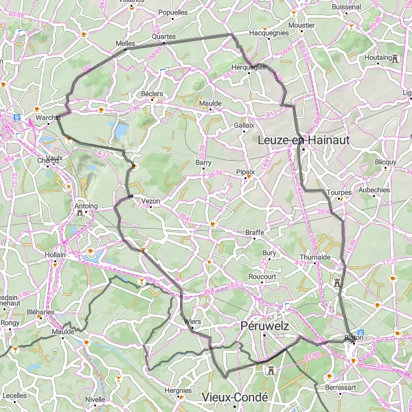 Miniature de la carte de l'inspiration cycliste "Les villages pittoresques de Hainaut en route" dans la Prov. Hainaut, Belgium. Générée par le planificateur d'itinéraire cycliste Tarmacs.app