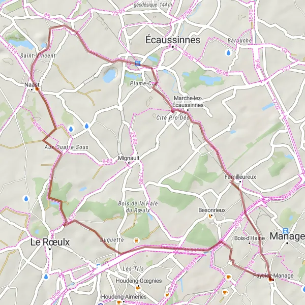 Map miniature of "Scenic gravel loop near Bois-d'Haine" cycling inspiration in Prov. Hainaut, Belgium. Generated by Tarmacs.app cycling route planner