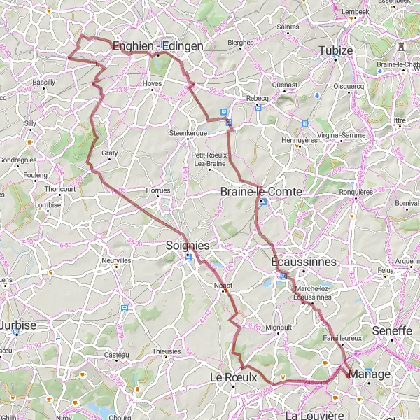 Miniature de la carte de l'inspiration cycliste "Parcours pittoresque autour de Bois-d'Haine" dans la Prov. Hainaut, Belgium. Générée par le planificateur d'itinéraire cycliste Tarmacs.app