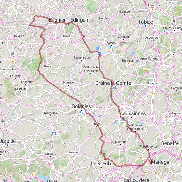 Miniatuurkaart van de fietsinspiratie "Gravelroute Bois-d'Haine - Naast - Labliau - Abele - Rognon - Marche-lez-Écaussinnes" in Prov. Hainaut, Belgium. Gemaakt door de Tarmacs.app fietsrouteplanner