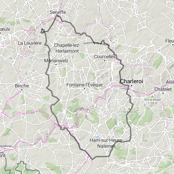 Map miniature of "Manage and the Terril Belle-Vue Loop" cycling inspiration in Prov. Hainaut, Belgium. Generated by Tarmacs.app cycling route planner
