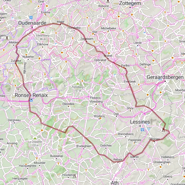 Miniatuurkaart van de fietsinspiratie "Gravelroute via Oudenaarde en Everbeek" in Prov. Hainaut, Belgium. Gemaakt door de Tarmacs.app fietsrouteplanner