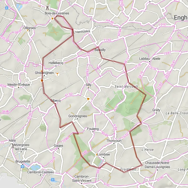 Miniatuurkaart van de fietsinspiratie "Rondrit Bois-de-Lessines naar Lombise" in Prov. Hainaut, Belgium. Gemaakt door de Tarmacs.app fietsrouteplanner