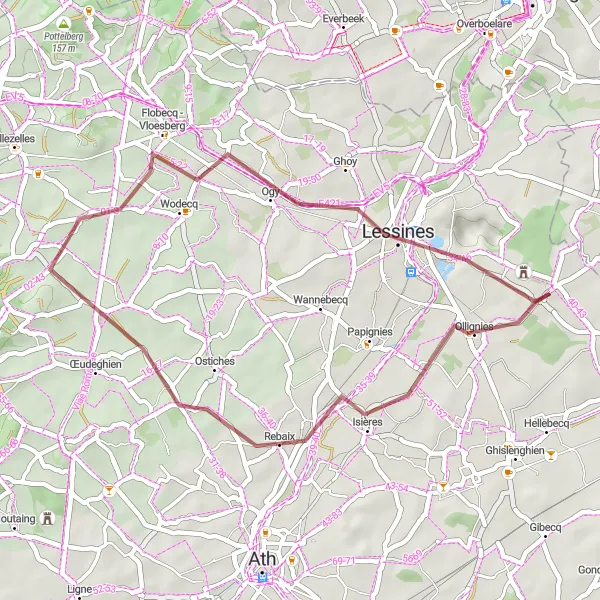 Karten-Miniaturansicht der Radinspiration "Entdeckungstour über 37 km von Bois-de-Lessines aus" in Prov. Hainaut, Belgium. Erstellt vom Tarmacs.app-Routenplaner für Radtouren
