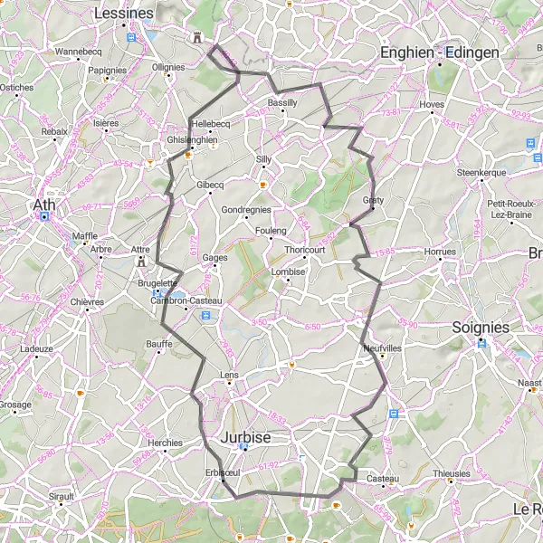 Karten-Miniaturansicht der Radinspiration "Hainaut Hügelstraßen" in Prov. Hainaut, Belgium. Erstellt vom Tarmacs.app-Routenplaner für Radtouren