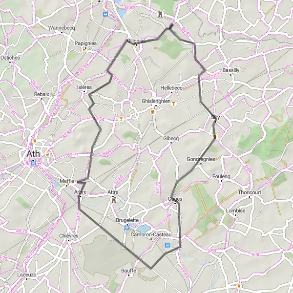 Map miniature of "Gondregnies Exploration" cycling inspiration in Prov. Hainaut, Belgium. Generated by Tarmacs.app cycling route planner