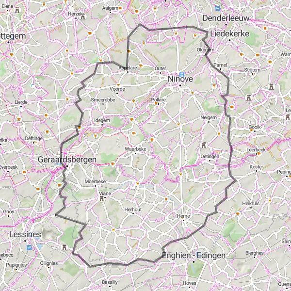 Miniature de la carte de l'inspiration cycliste "Défi des Collines Flamandes" dans la Prov. Hainaut, Belgium. Générée par le planificateur d'itinéraire cycliste Tarmacs.app