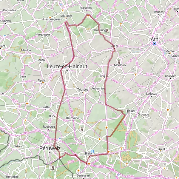 Miniature de la carte de l'inspiration cycliste "Parcours VTT Leuze-en-Hainaut - L'Escale Forestière" dans la Prov. Hainaut, Belgium. Générée par le planificateur d'itinéraire cycliste Tarmacs.app
