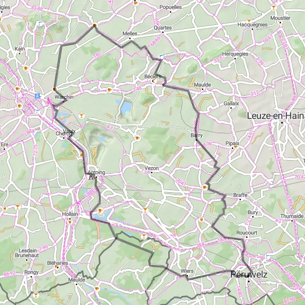 Karten-Miniaturansicht der Radinspiration "Péruwelz-Roucourt Rundfahrroute" in Prov. Hainaut, Belgium. Erstellt vom Tarmacs.app-Routenplaner für Radtouren