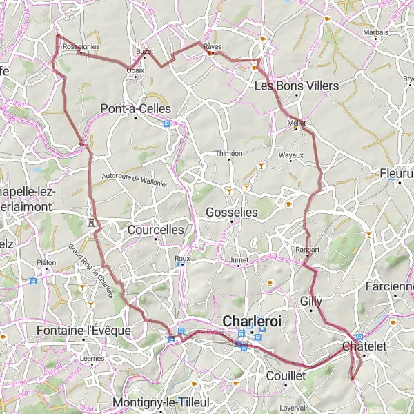 Karten-Miniaturansicht der Radinspiration "Graveltour durch Trazegnies und Heppignies" in Prov. Hainaut, Belgium. Erstellt vom Tarmacs.app-Routenplaner für Radtouren