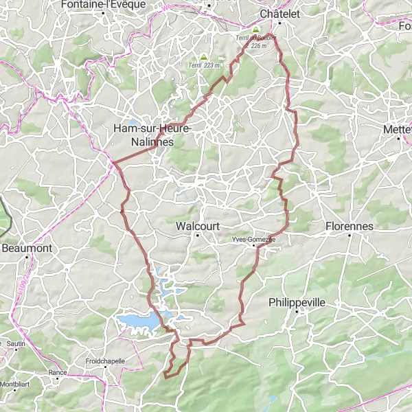 Miniatuurkaart van de fietsinspiratie "Verkenningstocht van Thy-le-Bauduin naar Ham-sur-Heure" in Prov. Hainaut, Belgium. Gemaakt door de Tarmacs.app fietsrouteplanner
