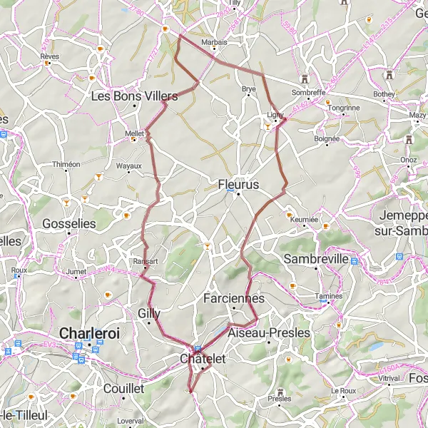Karten-Miniaturansicht der Radinspiration "Rundfahrt von Bouffioulx nach Heppignies, Ligny und zurück" in Prov. Hainaut, Belgium. Erstellt vom Tarmacs.app-Routenplaner für Radtouren