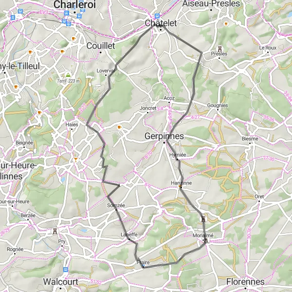 Karten-Miniaturansicht der Radinspiration "Straßenrunde um Bouffioulx" in Prov. Hainaut, Belgium. Erstellt vom Tarmacs.app-Routenplaner für Radtouren