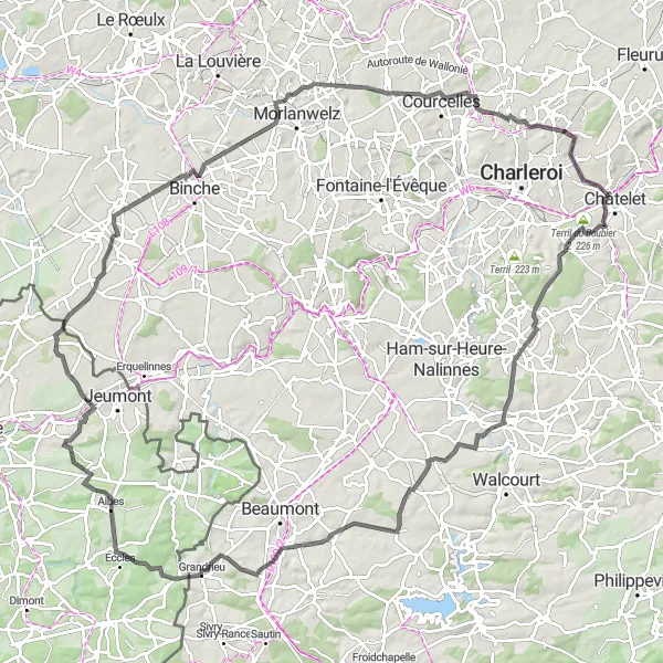 Miniature de la carte de l'inspiration cycliste "Les châteaux de Colleret" dans la Prov. Hainaut, Belgium. Générée par le planificateur d'itinéraire cycliste Tarmacs.app