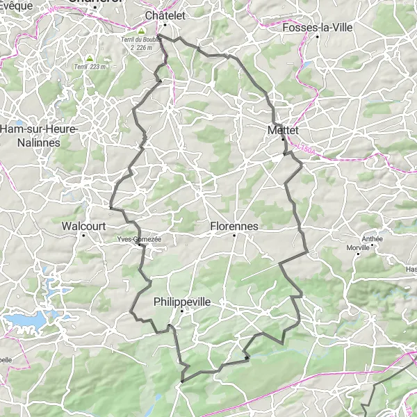 Miniature de la carte de l'inspiration cycliste "La route des châteaux de Mettet" dans la Prov. Hainaut, Belgium. Générée par le planificateur d'itinéraire cycliste Tarmacs.app