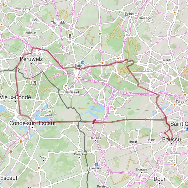 Map miniature of "Gravel Adventure through Saint-Aybert and Blaton" cycling inspiration in Prov. Hainaut, Belgium. Generated by Tarmacs.app cycling route planner