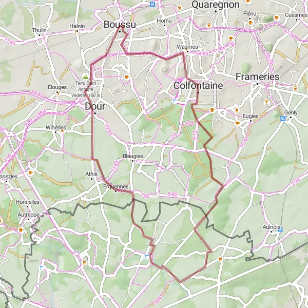 Karten-Miniaturansicht der Radinspiration "Schotterwegtour in der Nähe von Boussu" in Prov. Hainaut, Belgium. Erstellt vom Tarmacs.app-Routenplaner für Radtouren