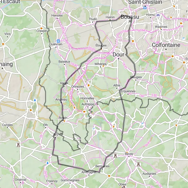 Miniature de la carte de l'inspiration cycliste "Boucle à travers les terrils" dans la Prov. Hainaut, Belgium. Générée par le planificateur d'itinéraire cycliste Tarmacs.app