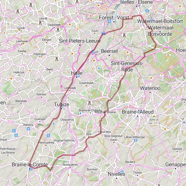 Miniatuurkaart van de fietsinspiratie "Avontuurlijk gravelpad vanuit Braine-le-Comte" in Prov. Hainaut, Belgium. Gemaakt door de Tarmacs.app fietsrouteplanner