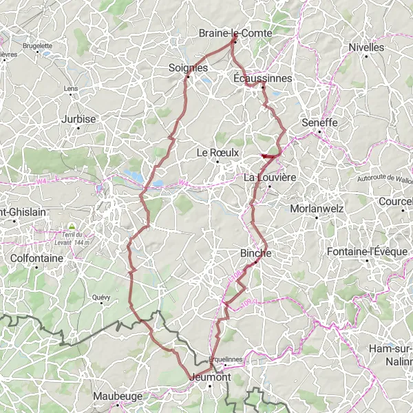 Map miniature of "Besonrieux and Terril Sainte-Marie Gravel Route" cycling inspiration in Prov. Hainaut, Belgium. Generated by Tarmacs.app cycling route planner