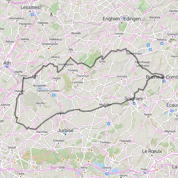 Map miniature of "Braine-le-Comte to Steenkerque" cycling inspiration in Prov. Hainaut, Belgium. Generated by Tarmacs.app cycling route planner