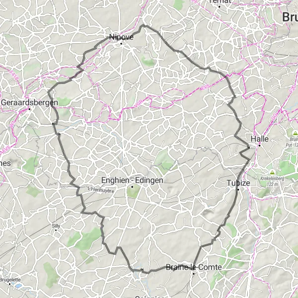 Map miniature of "Horrues and Ninove Road Cycling Adventure" cycling inspiration in Prov. Hainaut, Belgium. Generated by Tarmacs.app cycling route planner