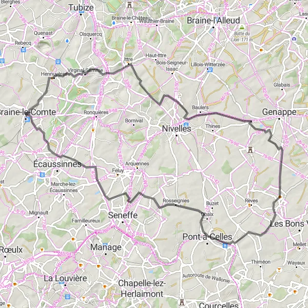 Karten-Miniaturansicht der Radinspiration "Kurzweilige Rundfahrt durch die Region um Braine-le-Comte" in Prov. Hainaut, Belgium. Erstellt vom Tarmacs.app-Routenplaner für Radtouren