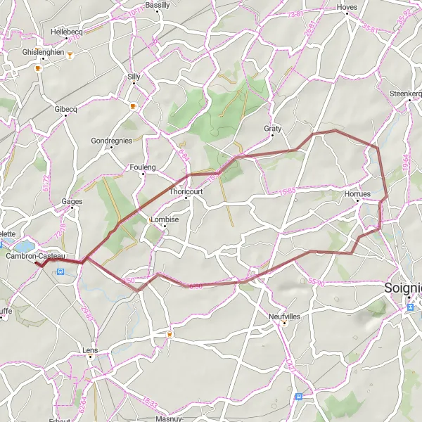 Miniature de la carte de l'inspiration cycliste "Exploration Gravel de Cambron-Casteau" dans la Prov. Hainaut, Belgium. Générée par le planificateur d'itinéraire cycliste Tarmacs.app