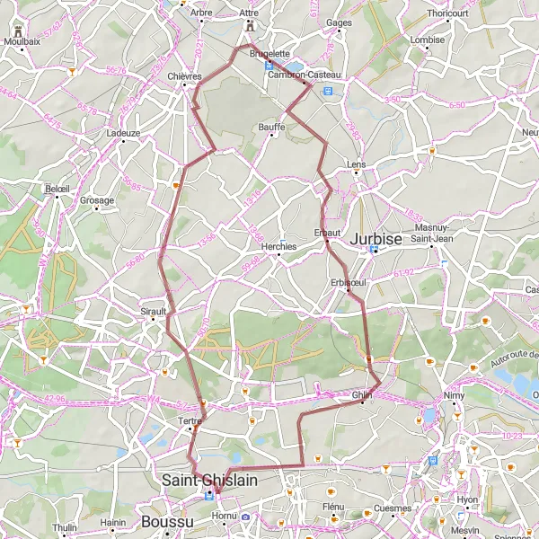 Miniatuurkaart van de fietsinspiratie "Grindavontuur naar Ghlin" in Prov. Hainaut, Belgium. Gemaakt door de Tarmacs.app fietsrouteplanner