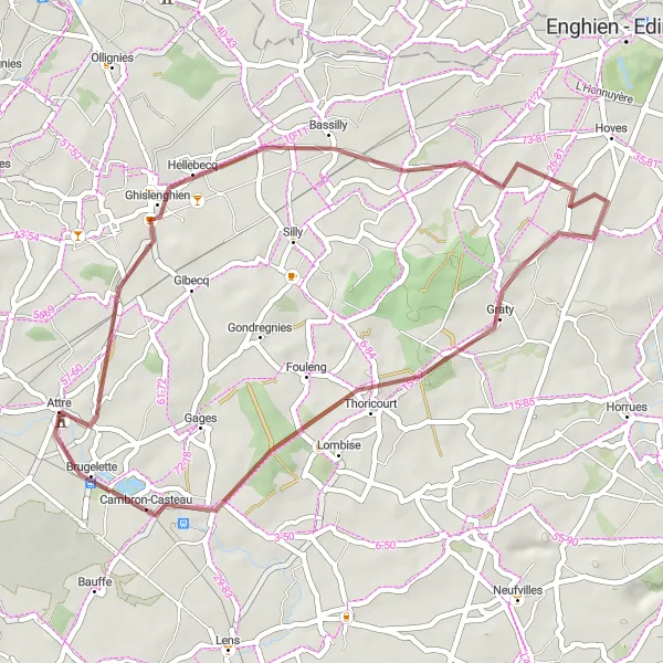 Karten-Miniaturansicht der Radinspiration "Ghislenghien Gravel Loop" in Prov. Hainaut, Belgium. Erstellt vom Tarmacs.app-Routenplaner für Radtouren