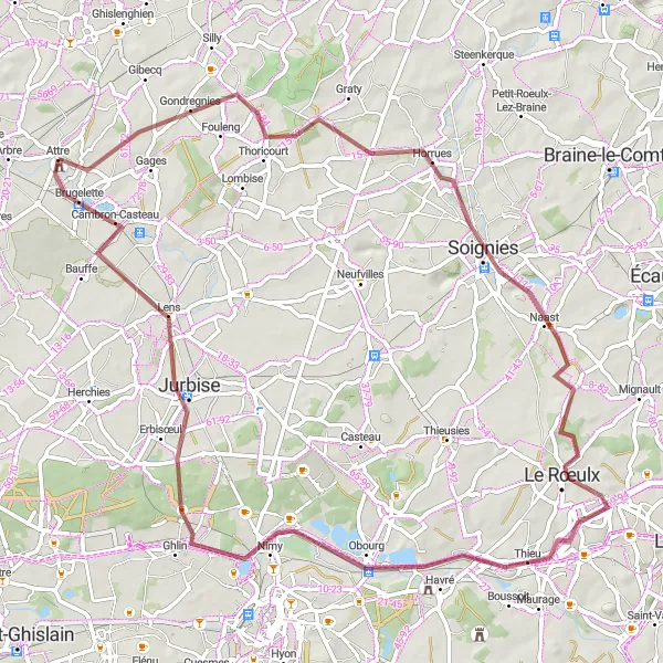 Miniatuurkaart van de fietsinspiratie "Gravelroute vanuit Brugelette via Horrues naar Nimy" in Prov. Hainaut, Belgium. Gemaakt door de Tarmacs.app fietsrouteplanner