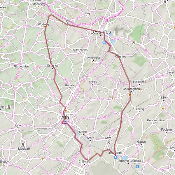 Miniatuurkaart van de fietsinspiratie "Gravelroute door Hainaut heuvels" in Prov. Hainaut, Belgium. Gemaakt door de Tarmacs.app fietsrouteplanner