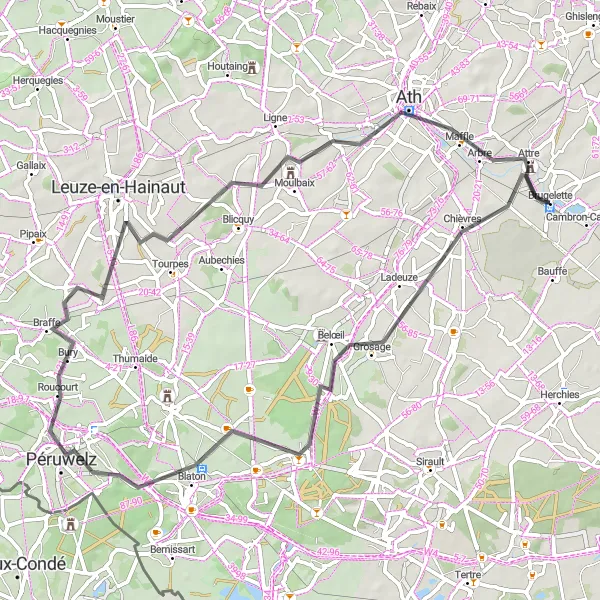 Map miniature of "Chièvres to Attre Loop" cycling inspiration in Prov. Hainaut, Belgium. Generated by Tarmacs.app cycling route planner