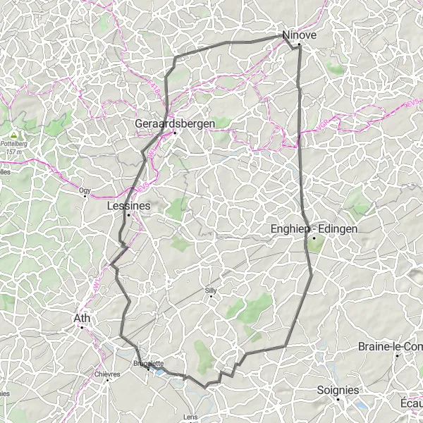 Map miniature of "Historical Landmarks: Lessines to Enghien" cycling inspiration in Prov. Hainaut, Belgium. Generated by Tarmacs.app cycling route planner