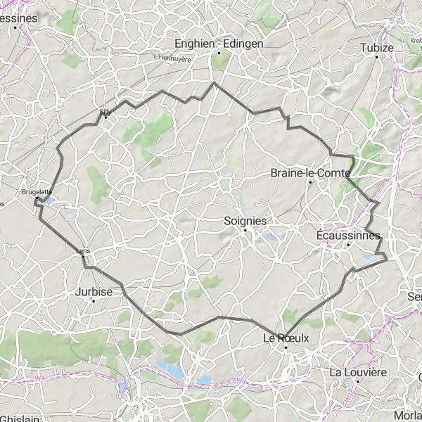 Miniatuurkaart van de fietsinspiratie "Wegroute vanuit Brugelette via Gibecq naar Masnuy-Saint-Jean" in Prov. Hainaut, Belgium. Gemaakt door de Tarmacs.app fietsrouteplanner
