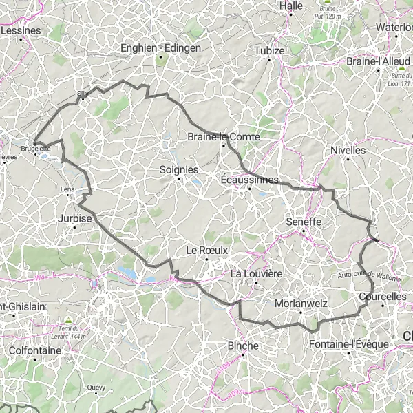 Karten-Miniaturansicht der Radinspiration "Rundfahrt von Brugelette nach Mévergnies-lez-Lens und zurück" in Prov. Hainaut, Belgium. Erstellt vom Tarmacs.app-Routenplaner für Radtouren