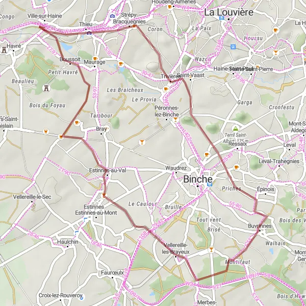 Karten-Miniaturansicht der Radinspiration "Gravel-Rundtour durch Hainaut" in Prov. Hainaut, Belgium. Erstellt vom Tarmacs.app-Routenplaner für Radtouren