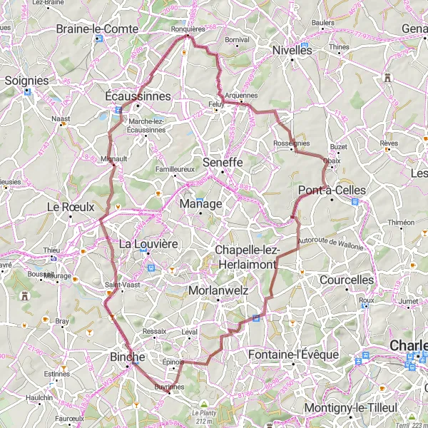 Miniature de la carte de l'inspiration cycliste "Circuit Gravel près de Buvrinnes" dans la Prov. Hainaut, Belgium. Générée par le planificateur d'itinéraire cycliste Tarmacs.app