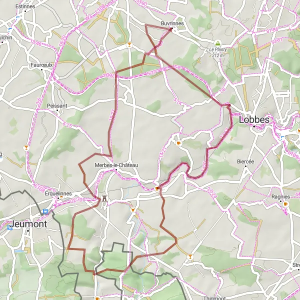 Miniatuurkaart van de fietsinspiratie "Gravel Avontuur rond Buvrinnes" in Prov. Hainaut, Belgium. Gemaakt door de Tarmacs.app fietsrouteplanner