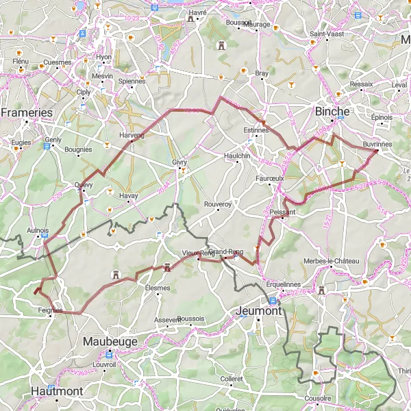 Miniatuurkaart van de fietsinspiratie "Rondje Buvrinnes Gravelavontuur" in Prov. Hainaut, Belgium. Gemaakt door de Tarmacs.app fietsrouteplanner