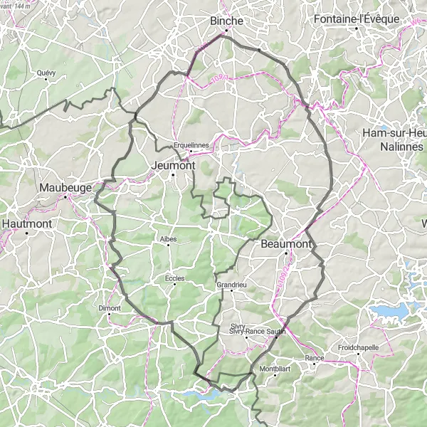 Map miniature of "Buvrinnes and Surrounding Villages" cycling inspiration in Prov. Hainaut, Belgium. Generated by Tarmacs.app cycling route planner