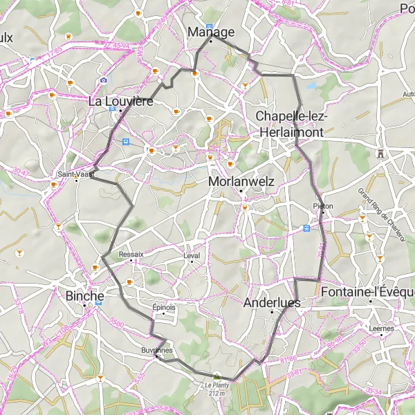 Miniature de la carte de l'inspiration cycliste "Circuit de Buvrinnes - Mont-Sainte-Geneviève" dans la Prov. Hainaut, Belgium. Générée par le planificateur d'itinéraire cycliste Tarmacs.app